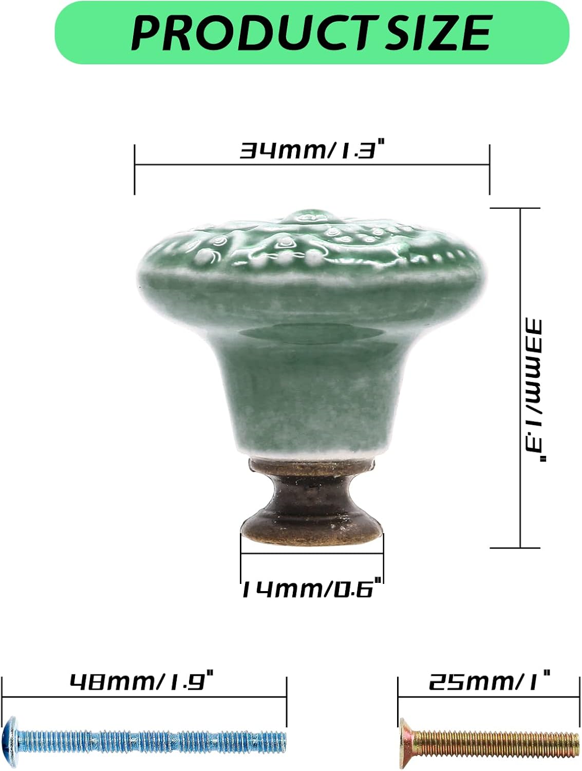 Green Ceramic knobs, Kitchen Cabinet Knobs, Retro Dresser Knobs, Drawer Knobs, Furniture Decorative Knobs and Pulls for Drawer, Dressers, Cupboard, Closet, 34mm / 1.3Inch Diameter(10Pcs)