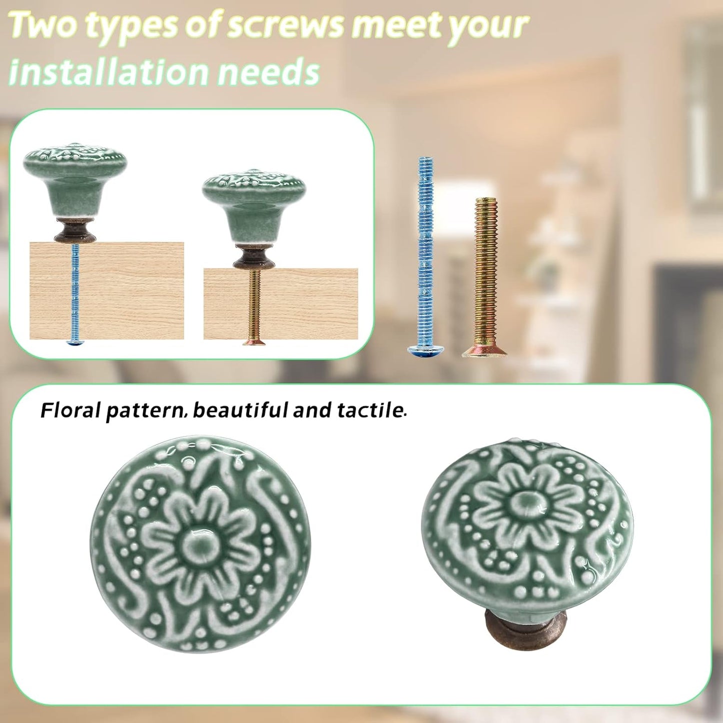 Green Ceramic knobs, Kitchen Cabinet Knobs, Retro Dresser Knobs, Drawer Knobs, Furniture Decorative Knobs and Pulls for Drawer, Dressers, Cupboard, Closet, 34mm / 1.3Inch Diameter(10Pcs)
