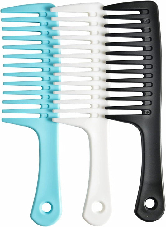 Set of wide-tooth detangling hair combs in blue, white, and black with grip handles
