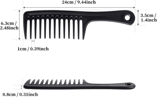 Black wide-tooth hair comb with long handle and evenly spaced teeth for detangling