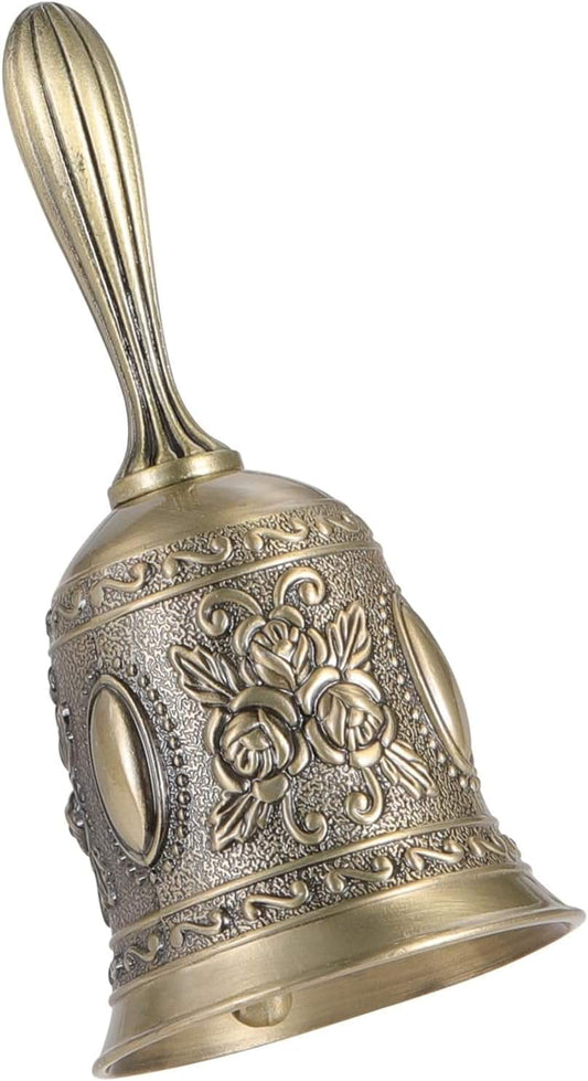 Vintage metal hand bell with floral embossing and ribbed handle, gold tone