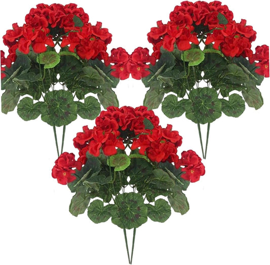 Set of six artificial red geranium flowers with green leaves on adjustable stems