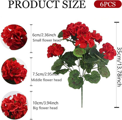 6Pcs Artificial Geraniums 14 Inch Lifelike Artificial Flowers with Adjustable Branches Long Lasting Vibrant Silk Geranium for Indoor, Outdoor, Red