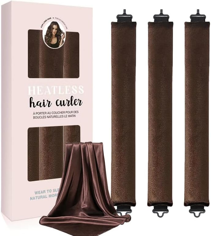 Heatless Hair Curler Set, Satin Overnight Curling Rods, 4-Piece Styling Kit with Hook, Brown