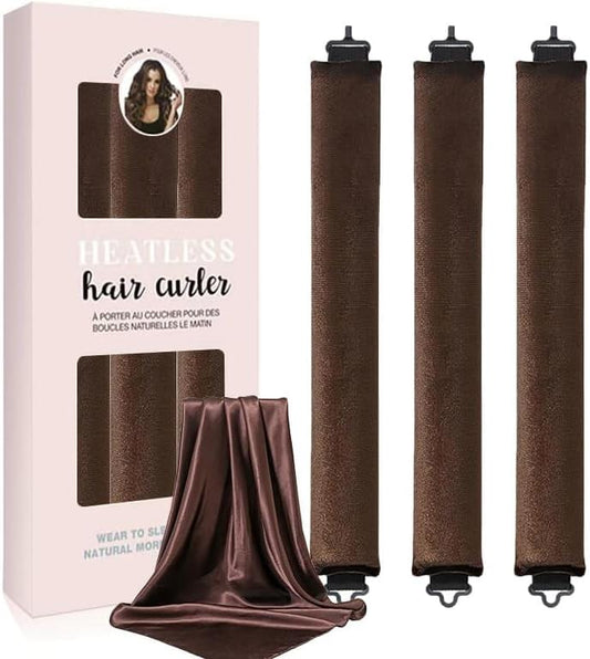 Brown satin hair curler rods with hook, plus satin wrap cloth, four-piece set