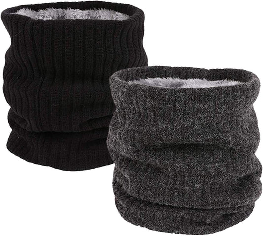 Black ribbed neck warmer tube with gray fleece lining