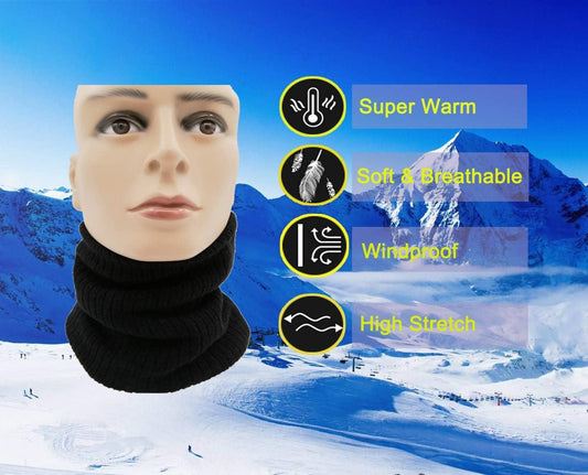Black neck warmer tube covering lower face on mannequin
