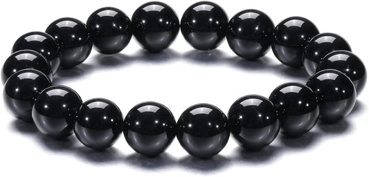 Black bead stretch gemstone bracelet with glossy round polished beads