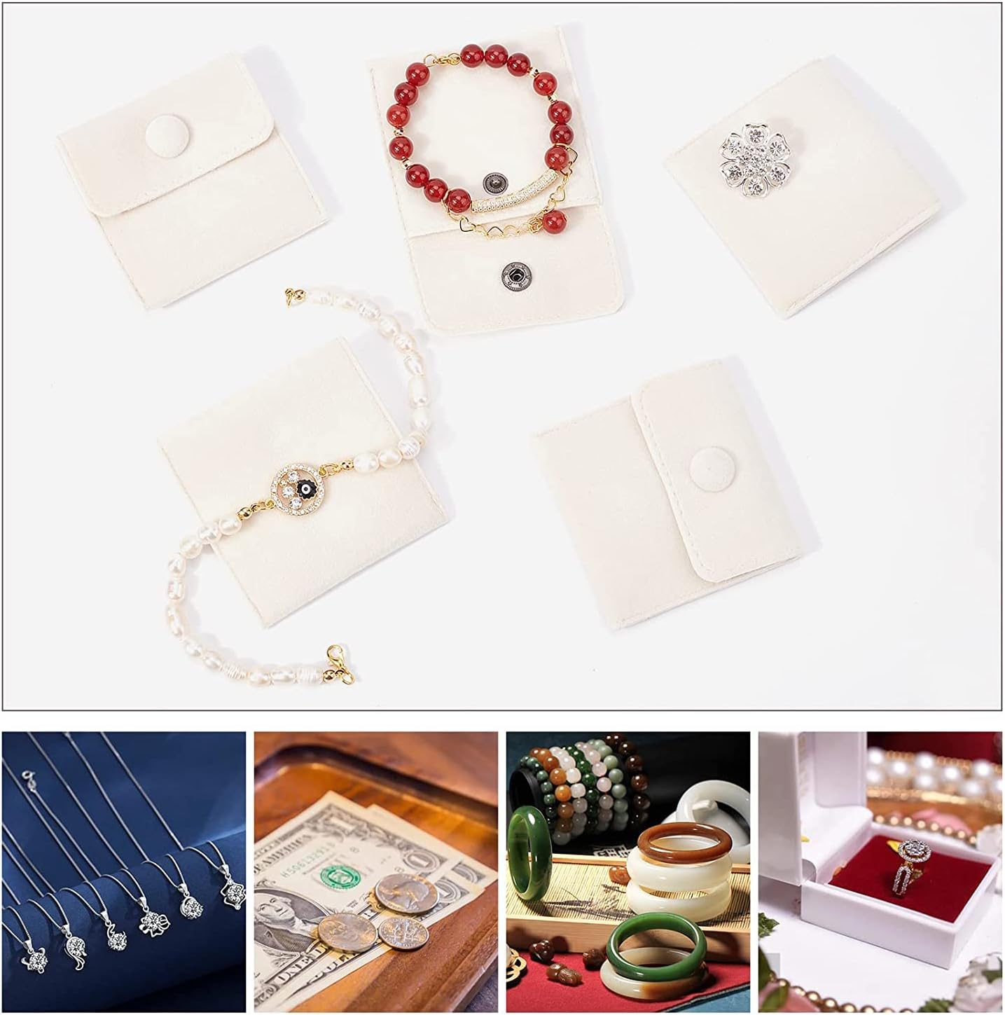 6 Pcs Velvet Jewelry Pouches with Snap Button, Off-White Velvet Jewelry Storage Bags Luxury Gift Bag for Candy Gift and Jewelry Necklace Bracelet Packing, 7x7cm