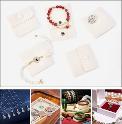 6 Pcs Velvet Jewelry Pouches with Snap Button, Off-White Velvet Jewelry Storage Bags Luxury Gift Bag for Candy Gift and Jewelry Necklace Bracelet Packing, 7x7cm