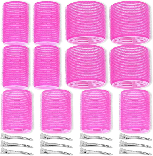 Pink self-grip hair rollers, multiple textured cylinders with end caps