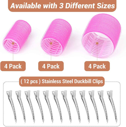 Self Grip Hair Rollers Curlers Set - 24 Pieces with 3 Sizes (4 Jumbo, 4 Large, 4 Medium) and 12 Clips for Volume on Long, Short, Thick, or Fine Hair