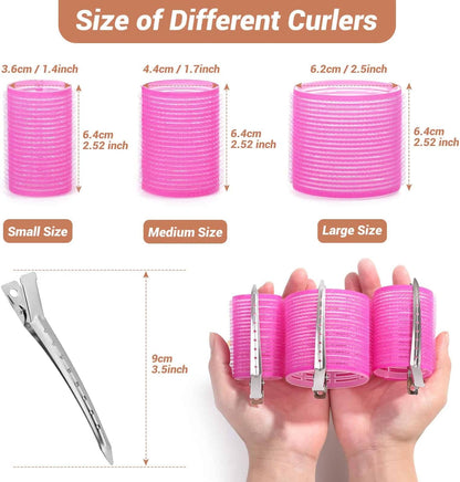 Self Grip Hair Rollers Curlers Set - 24 Pieces with 3 Sizes (4 Jumbo, 4 Large, 4 Medium) and 12 Clips for Volume on Long, Short, Thick, or Fine Hair