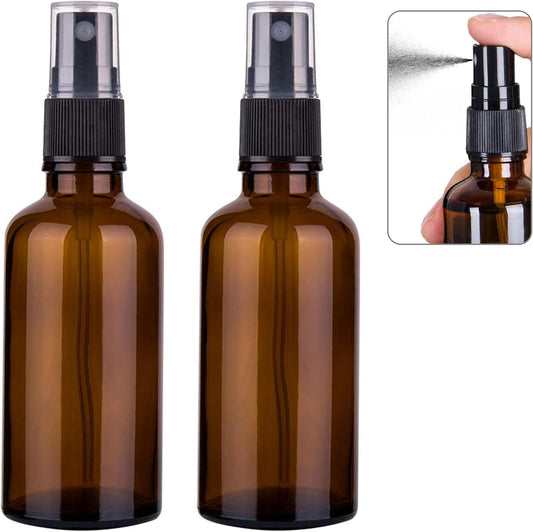Amber glass spray bottles with black fine mist sprayers, 2-pack, vertical bottles