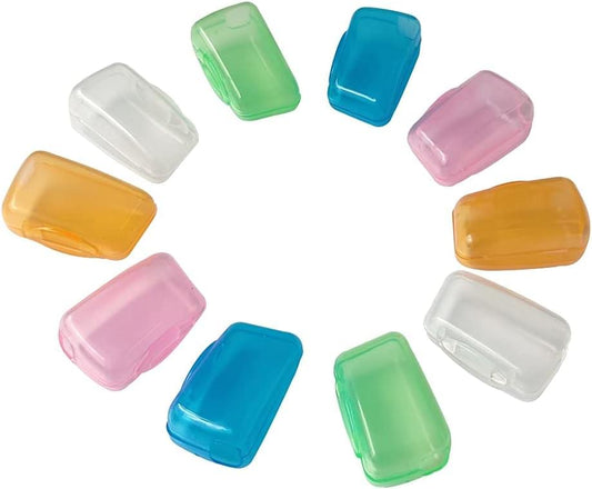 Translucent toothbrush travel cap set with assorted colors: clear, green, blue, pink, orange.