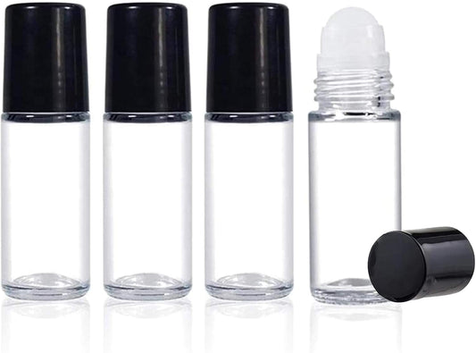 Clear glass roller bottles with black caps, refillable cosmetic perfume bottles