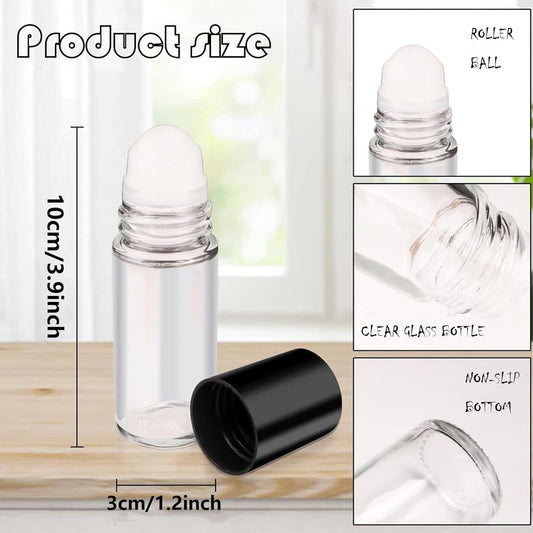 Clear glass roller bottle with frosted cap and open black roller top