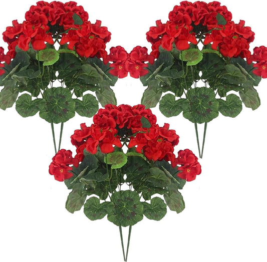 Artificial geranium stems (6) with red flower heads, green leaves, adjustable branches