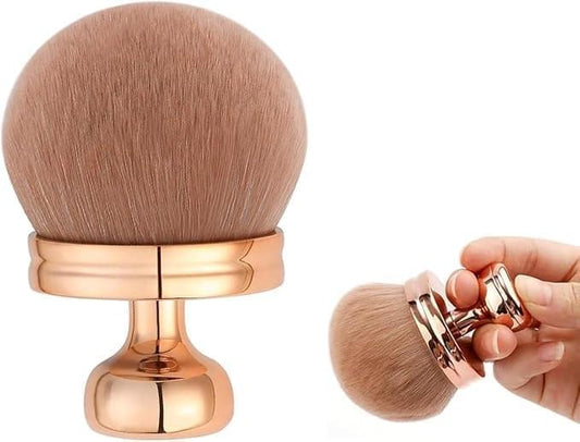 Rose gold kabuki self-tanning blend brush with round dome soft synthetic bristles