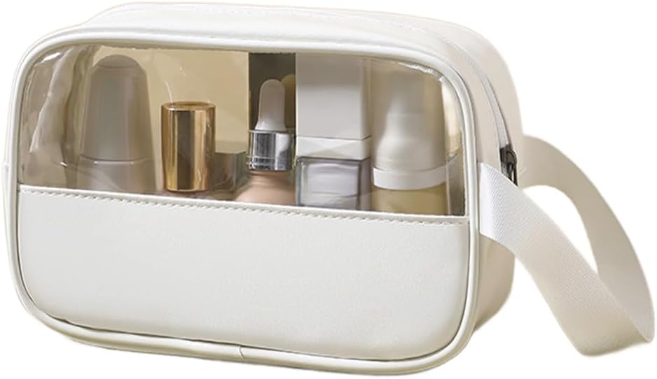 Toiletry Bag for Women Clear PVC & PU Splicing Waterproof Makeup Cosmetic Bag, TSA Approved Portable Travel Organizer for Vacation, Bathroom, Airplane, White