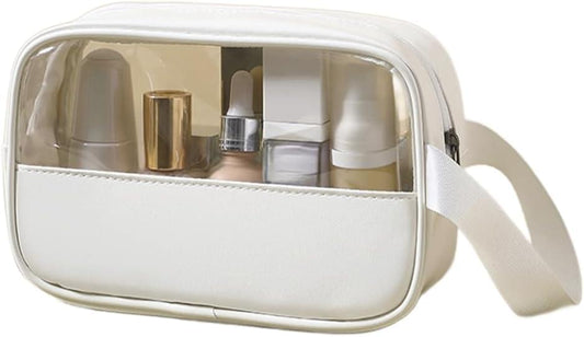 Clear PVC makeup toiletry bag with white base and wrist strap