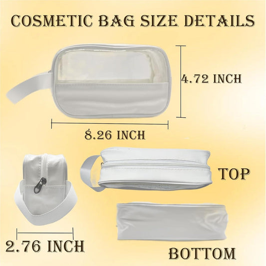 White makeup bag with clear top panel and side strap, compact size