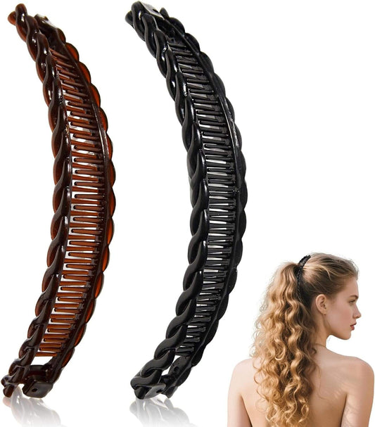 2-piece banana hair claw clips, one dark brown and one black, ribbed comb design