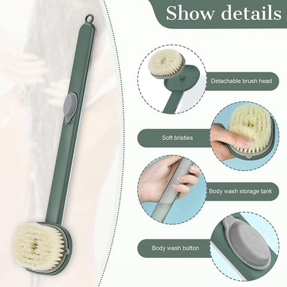 Long Handle Bath Massage Cleaning Brush with Soap Dispenser for Men Women Elderly Body Back Scrubber Storable Wash, Dispenser, (14 inch / 36 cm,Green）