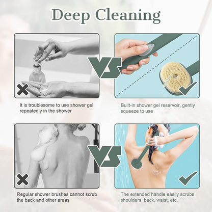 Long Handle Bath Massage Cleaning Brush with Soap Dispenser for Men Women Elderly Body Back Scrubber Storable Wash, Dispenser, (14 inch / 36 cm,Green）