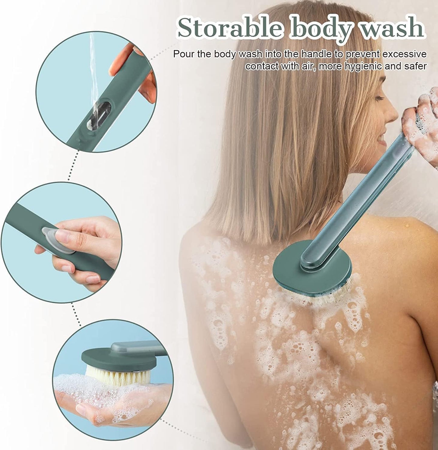 Long Handle Bath Massage Cleaning Brush with Soap Dispenser for Men Women Elderly Body Back Scrubber Storable Wash, Dispenser, (14 inch / 36 cm,Green）
