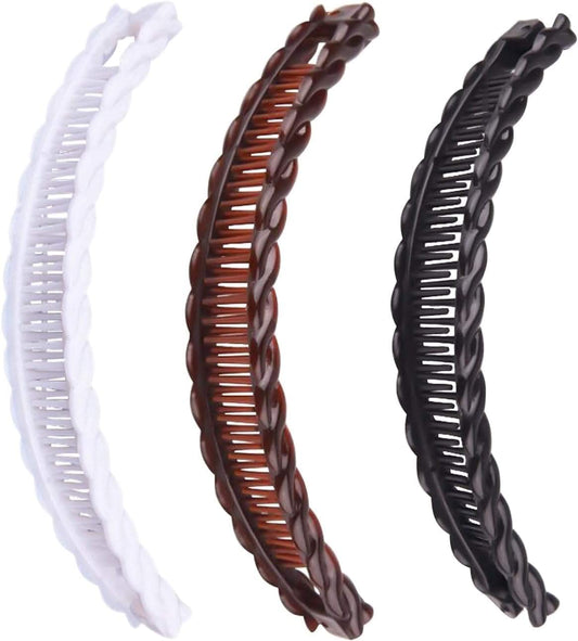 Banana hair clips in white, brown, and black with ridged comb teeth
