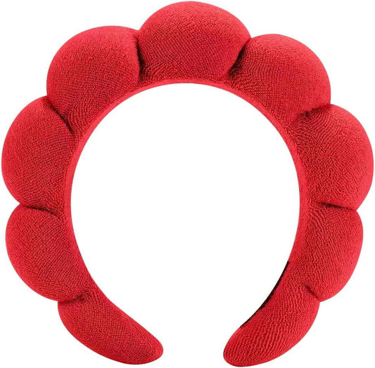 Red puffy terry cloth headband with rounded bubble loops, open center