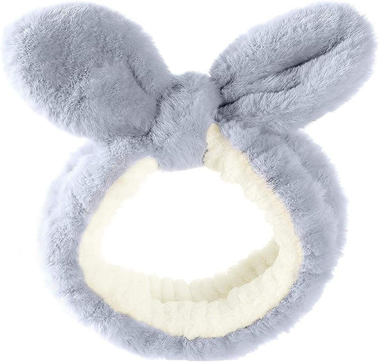 Fluffy light gray bunny-ear face-washing headband with elastic band
