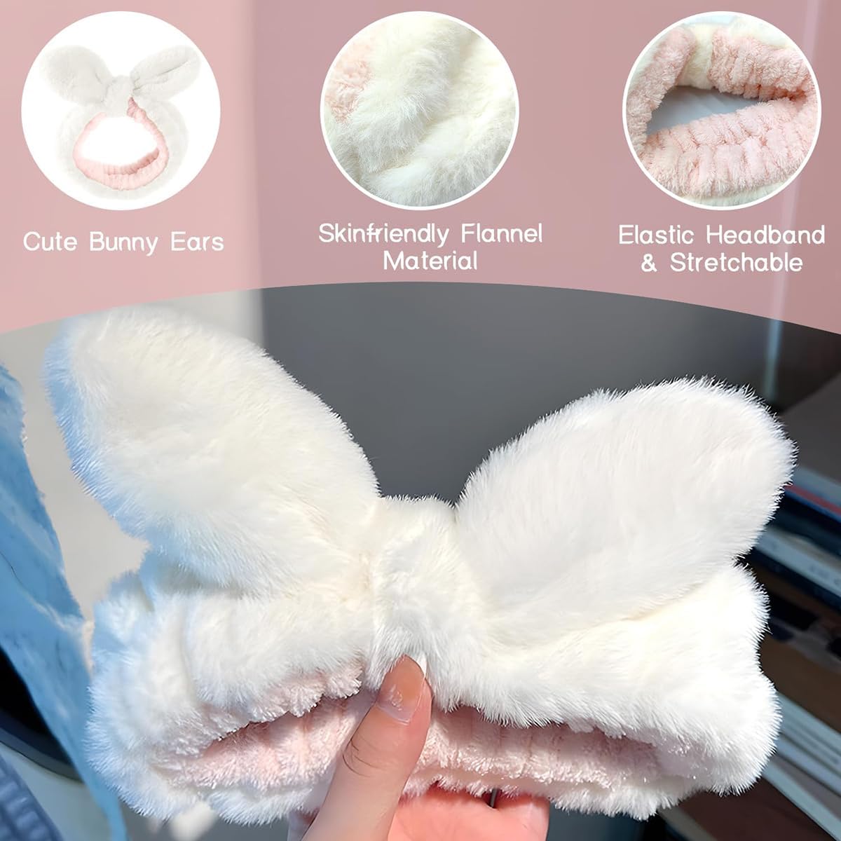 Skin Care Headband, Face Washing band, Bunny Ears, Bath Shower, Girls Elastic Makeup (C, M)