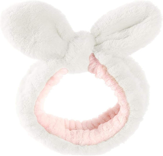 White plush bunny-ear headband for face washing with pink inner trim