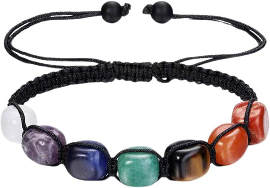 Black cord beaded bracelet with seven multicolor gemstone beads and adjustable knots