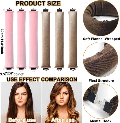 Heatless Hair Curler Set, 3 Pcs Hair Curlers No Heat, Heatless Overnight Blowout Rods with Hook for Hair Styling Tools Women Long Hair Rollers(Kahki)