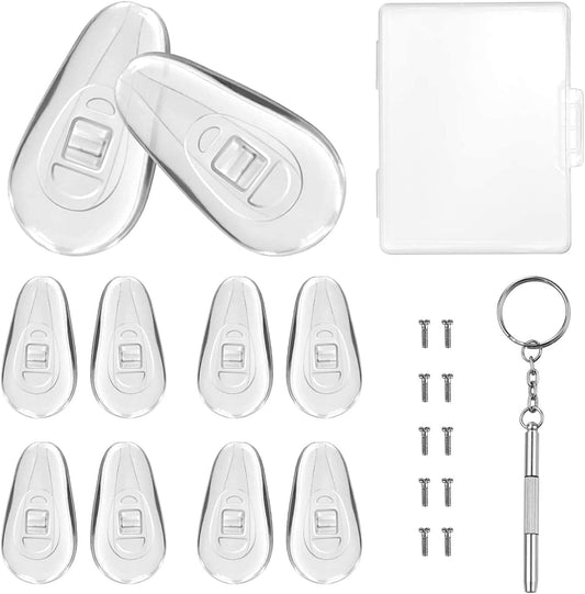 Clear silicone eyeglass nose pads set with screws and metal key ring tool