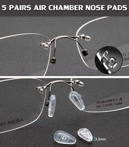 Clear air-chamber eyeglass nose pads shown on glasses frame with side detail