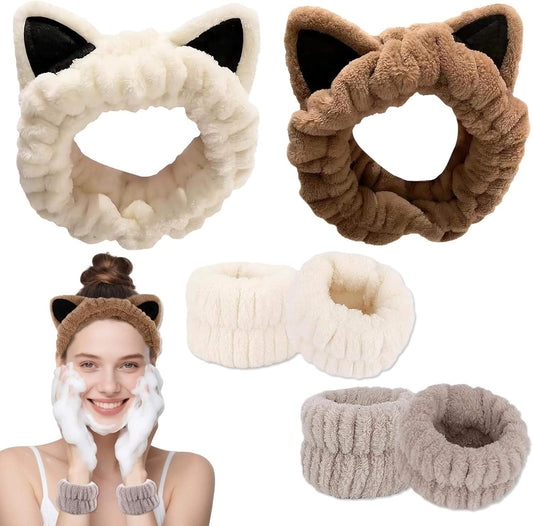 Plush cat-ear headbands and matching wristbands in white and brown