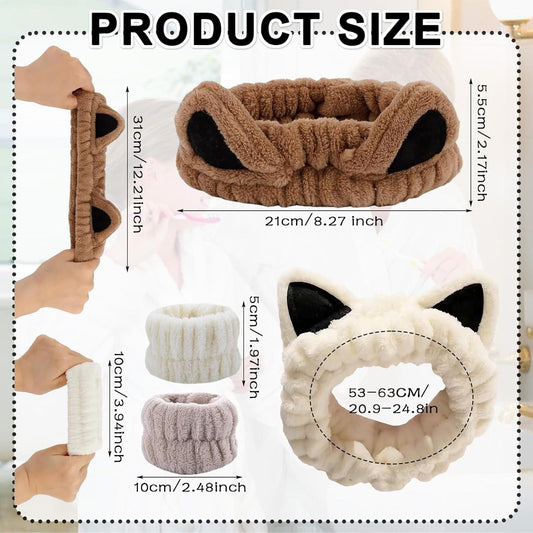 Plush cat-ear headband set with wristbands; brown, white, and gray colors