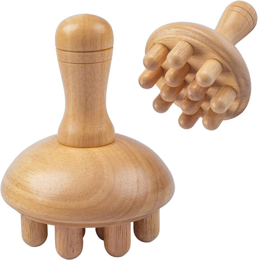 Wooden mushroom massager with domed top and four short feet, light wood.