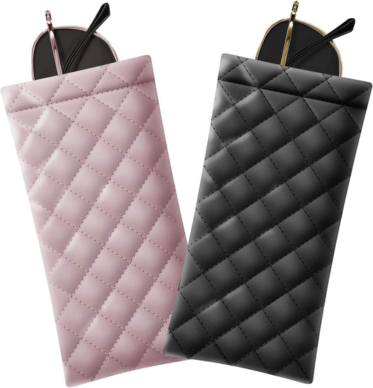 Two quilted PU leather sunglass pouches, pink and black, with top loop handles