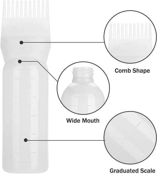 White root comb applicator bottle with wide mouth and graduated markings