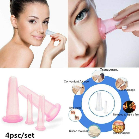 Pink silicone facial cupping cup near eye and cheek area, handheld tool