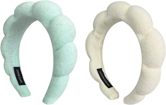Mint green puffy sponge spa headband for face washing, soft curved loop design