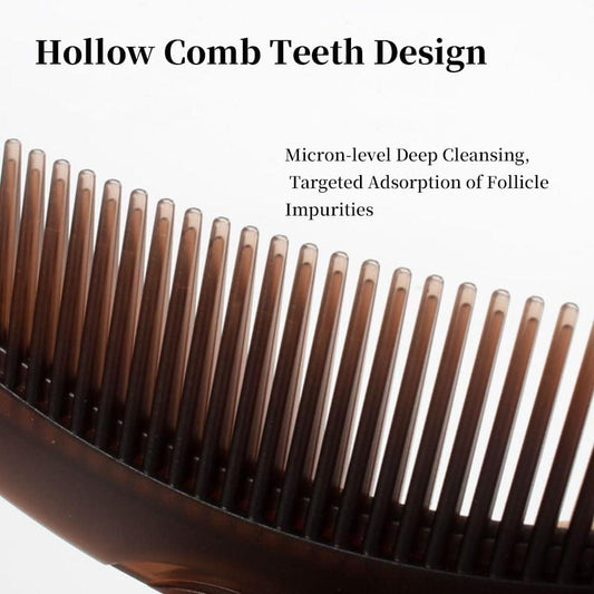 Scalp comb with closely spaced brown hollow teeth and curved dark handle