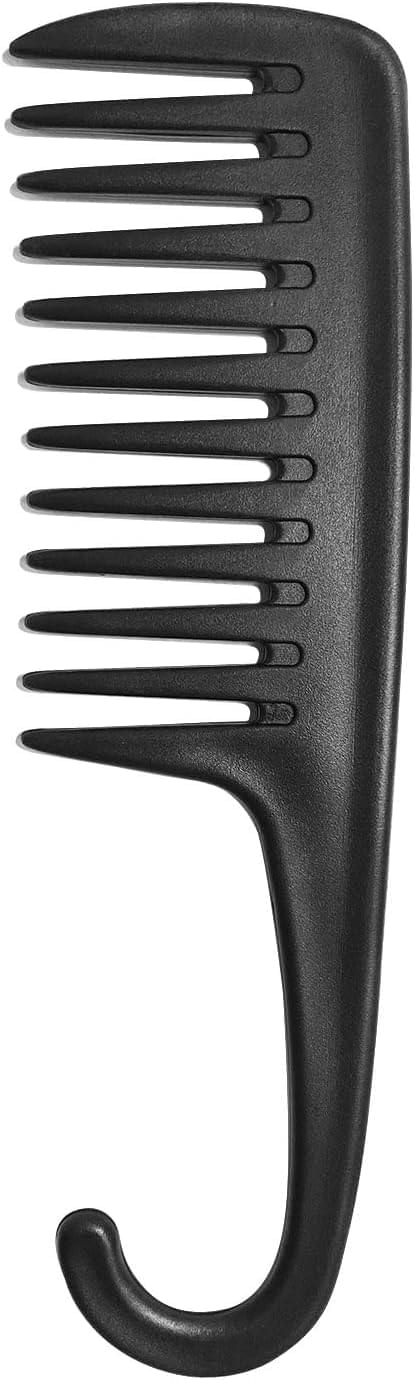 Black wide-tooth shower comb with round handle and hanging hook