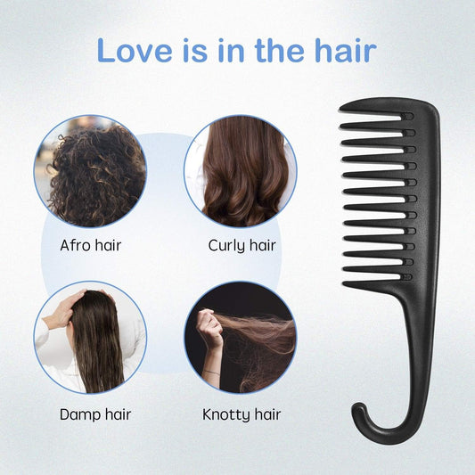 Black wide-tooth shower comb with curved hook and spaced teeth
