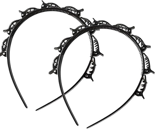 Double-layer braided twist headbands with black jeweled studs, two pieces